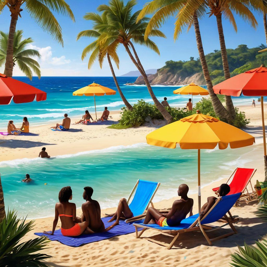 A vibrant beach scene featuring diverse people wearing trendy adult swimwear, showcasing bold colors and unique designs. Include sunbathing, playing beach games, and enjoying cocktails under palm trees. The sun should set, casting a warm glow, enhancing the summer vibe. The background should include a colorful beach umbrella and waves crashing softly. super-realistic. vibrant colors. summer atmosphere.